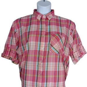 Vintage Diamond Hill Button Down Shirt Size Large Pink Plaid Short Sleeve Collar